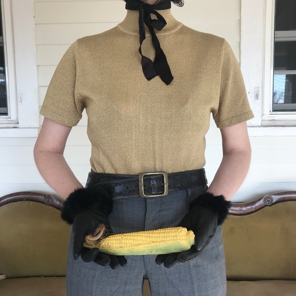 Vintage 70s Disco Gold knit mock neck top / M-L - Picture 4 of 6